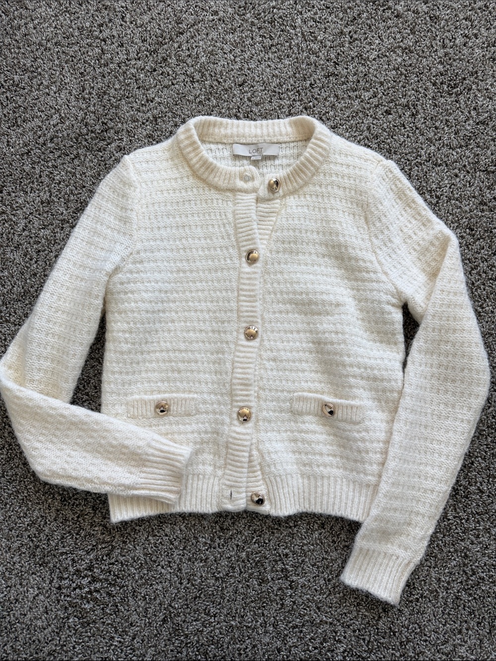 LOFT Cream Knit Button-Up Cardigan Sweater